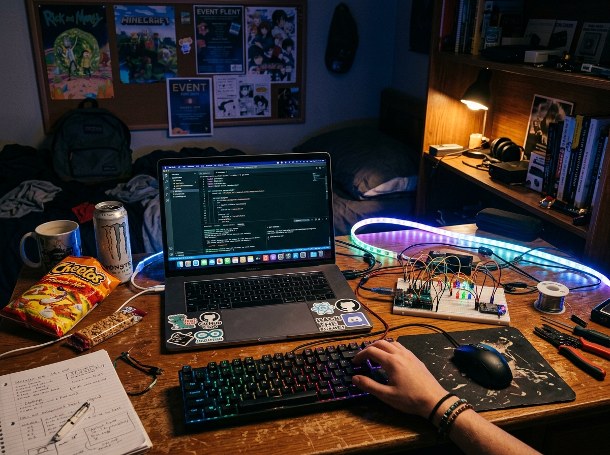 Priyanshu's desk with Hack Club stickers and breadboard